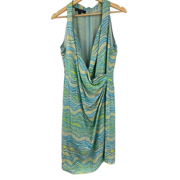 Lafayette 148 100% Silk Wave Print V-Neck Surplice Neckline Faux Wrap Dress Sz 8 - Picture 1 of 7